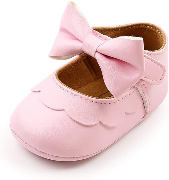 Baby Girls Mary Jane Flats with Bownot Non Slip Soft Sole PU Leather Newborn Infant Toddler First Walker Cirb Dress Shoes
