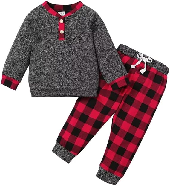 Toddler Boy Clothes Fall Winter Outfits Baby Boys Plaid Button Down Long Sleeve Tops + Pants Sets 12 Months-5T