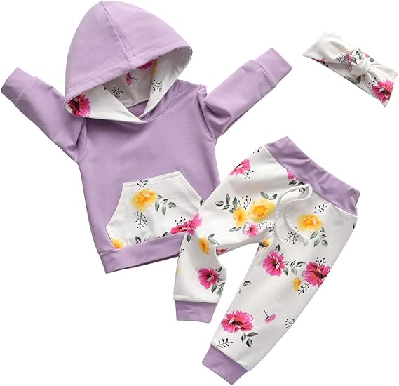 Markeishy Baby Girl Clothes Long Sleeve Floral Hoodie Sweatshirt Pants with Pocket Headband Outfit Sets