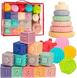 Markeishy 3 in 1 Montessori Toys for Babies 0-3-6-12 Months, Soft Baby Teething, Stacking Building Blocks for Infants, Sensory Developmental Education Toys for Toddler Baby 12-18 Months,23 PCS