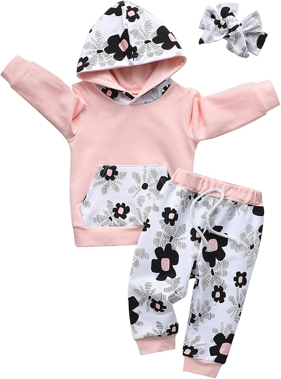 Markeishy Baby Girl Clothes Long Sleeve Floral Hoodie Sweatshirt Pants with Pocket Headband Outfit Sets