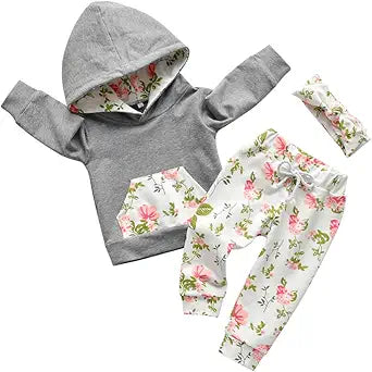Markeishy Baby Girl Clothes Long Sleeve Floral Hoodie Sweatshirt Pants with Pocket Headband Outfit Sets
