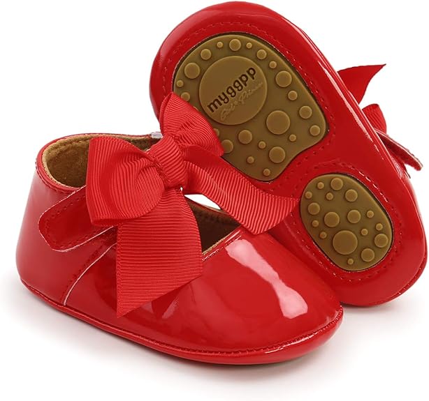 Baby Girls Mary Jane Flats with Bownot Non Slip Soft Sole PU Leather Newborn Infant Toddler First Walker Cirb Dress Shoes