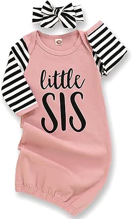 Markeishy Newborn Baby Girl Little Sister Sleeper Gown Stripe Long Sleeve Nightgown Pajamas Gifts Stuff Essential Outfit