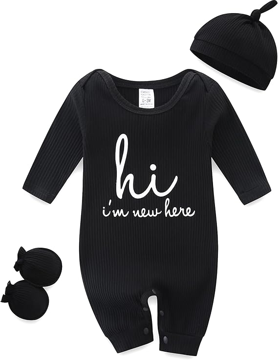 Baby Romper with Baby Mittens & Newborn Hats Footless Long Sleeve Solid Onesie Hi Im New Here