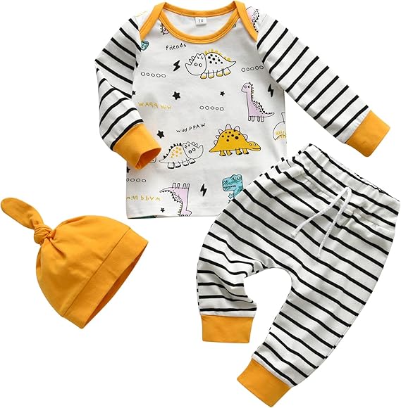 3PCS Newborn Baby Boy Clothes Long Sleeve Printed Stripe T-Shirt Pants and Hat Outfit Set