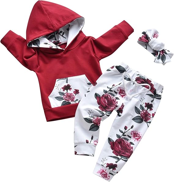 Markeishy Baby Girl Clothes Long Sleeve Floral Hoodie Sweatshirt Pants with Pocket Headband Outfit Sets