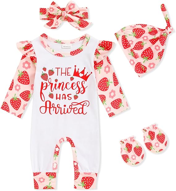 Newborn Baby Girl Romper Infant Letter Print Jumpsuit Floral Bodysuit+Hat+Headband+Gloves Coming Home Clothes Outfits