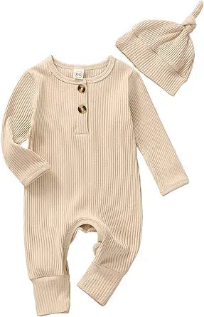 Infant Boys Girls Clothes Set Newborn Baby Romper Hat Ribbed Knit Long Sleeve Button Solid Bodysuit Jumpsuit