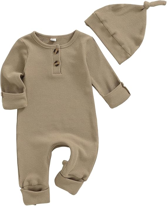 Infant Boys Girls Clothes Set Newborn Baby Romper Hat Ribbed Knit Long Sleeve Button Solid Bodysuit Jumpsuit