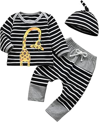 3PCS Newborn Baby Boy Clothes Long Sleeve Printed Stripe T-Shirt Pants and Hat Outfit Set