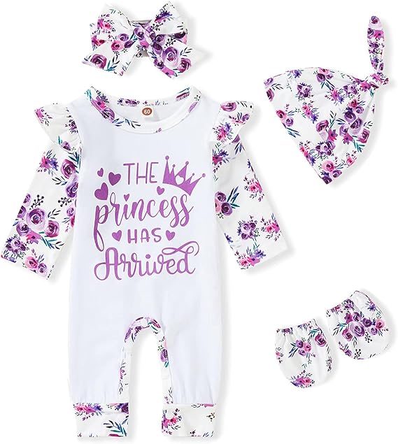 Newborn Baby Girl Romper Infant Letter Print Jumpsuit Floral Bodysuit+Hat+Headband+Gloves Coming Home Clothes Outfits