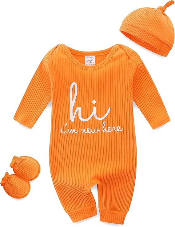 Baby Romper with Baby Mittens & Newborn Hats Footless Long Sleeve Solid Onesie Hi Im New Here
