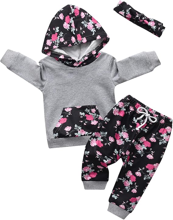 Markeishy Baby Girl Clothes Long Sleeve Floral Hoodie Sweatshirt Pants with Pocket Headband Outfit Sets