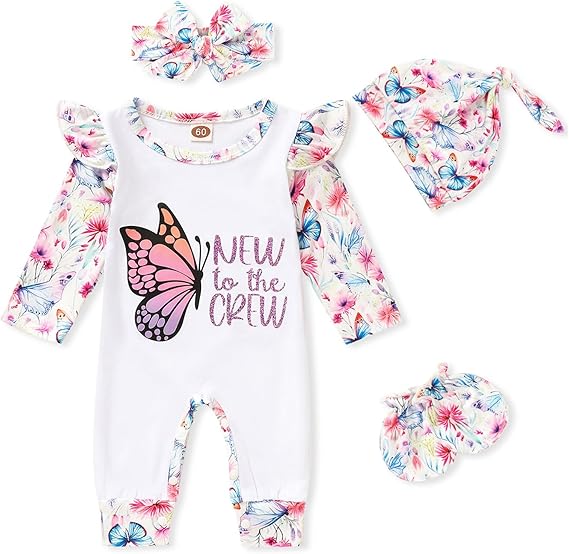 Newborn Baby Girl Romper Infant Letter Print Jumpsuit Floral Bodysuit+Hat+Headband+Gloves Coming Home Clothes Outfits