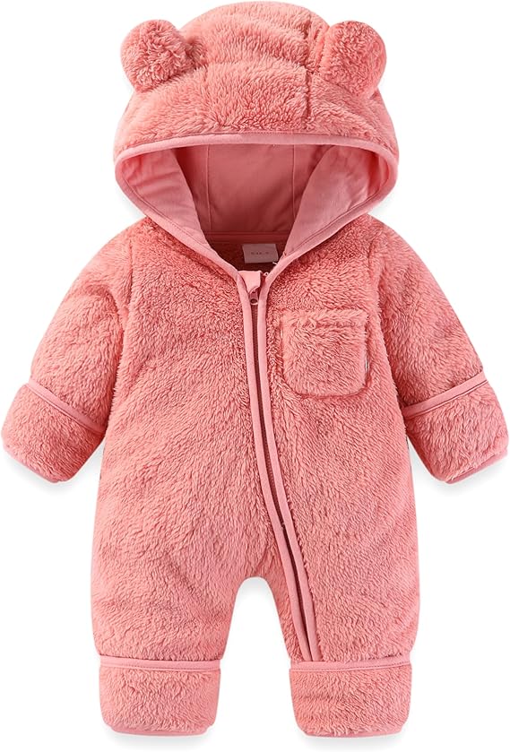 Baby Bear Outfit With Fold-Over Mittens and Footies Girls Boys Winter Fleece Clothes Hooded Romper Snowsuit