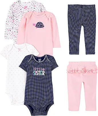Baby-girls 6-piece Bodysuits (Short and Long Sleeve) and Pants Set