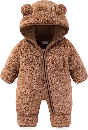 Baby Bear Outfit With Fold-Over Mittens and Footies Girls Boys Winter Fleece Clothes Hooded Romper Snowsuit