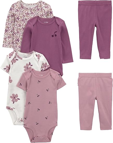 Baby-girls 6-piece Bodysuits (Short and Long Sleeve) and Pants Set