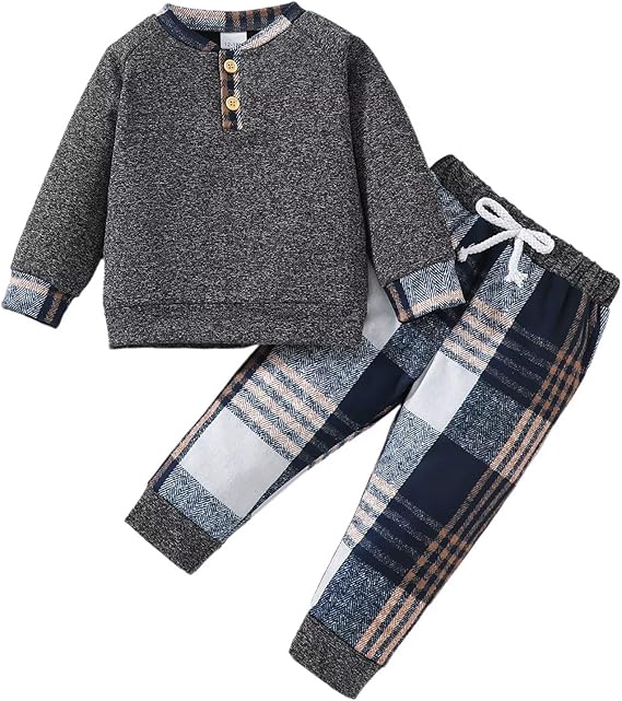 Toddler Boy Clothes Fall Winter Outfits Baby Boys Plaid Button Down Long Sleeve Tops + Pants Sets 12 Months-5T