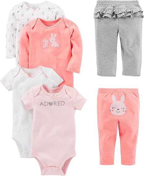 Baby-girls 6-piece Bodysuits (Short and Long Sleeve) and Pants Set