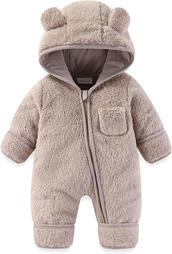 Baby Bear Outfit With Fold-Over Mittens and Footies Girls Boys Winter Fleece Clothes Hooded Romper Snowsuit