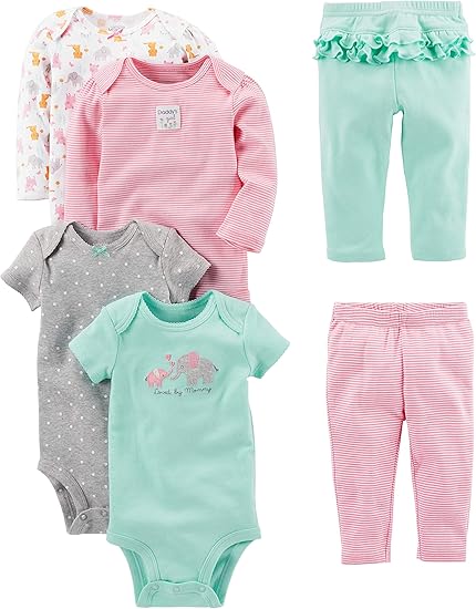 Baby-girls 6-piece Bodysuits (Short and Long Sleeve) and Pants Set
