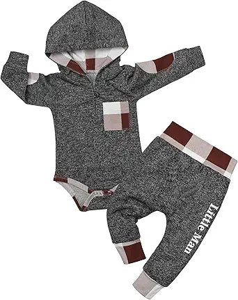 Markeishy Newborn Baby Boy Clothes Plaid Letter Print Long Sleeve Hoodies + Long Pants 2PCS Fall Winter Outfits Set